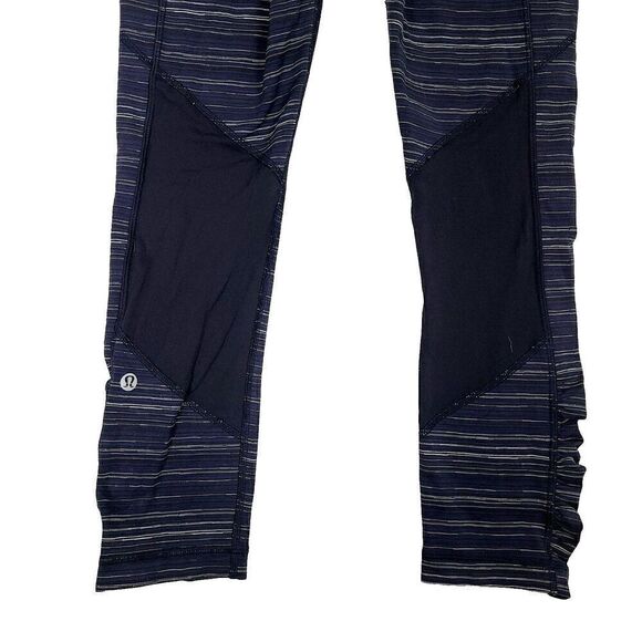 Lululemon Cropped Leggings 4 Black White Print Ruched Mesh Calves Side Pockets - Picture 5 of 9